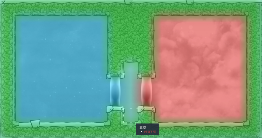 Oxygen Not Included 液体エアロックで蒸気とその熱を遮断している様子